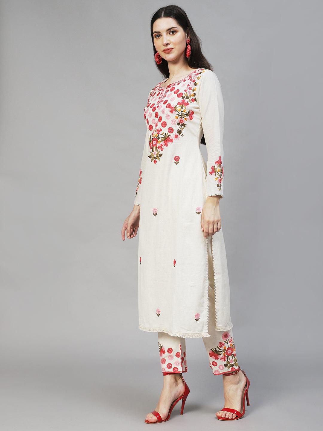 Floral Embroidered Straight Fit Kurta with Pant - Off White - Indiakreations