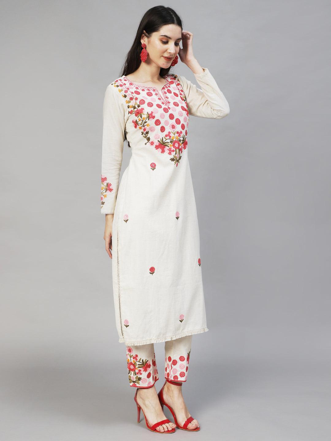 Floral Embroidered Straight Fit Kurta with Pant - Off White - Indiakreations