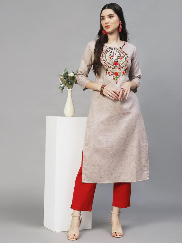 Floral Hand Embroidered Straight Fit Kurta – Beige - Indiakreations