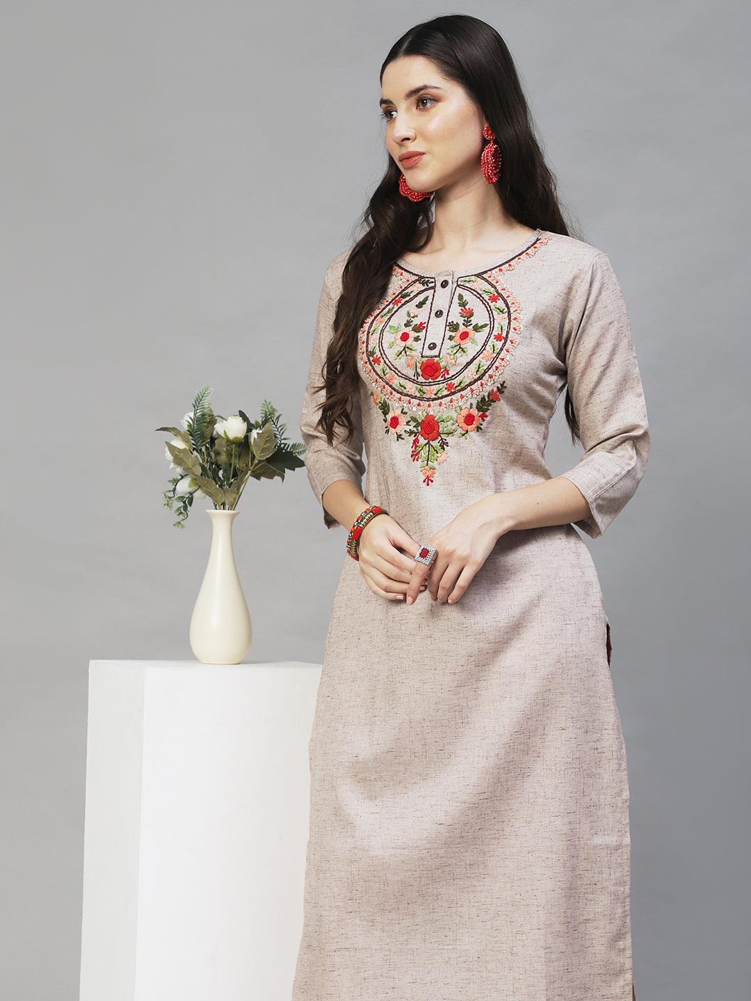 Floral Hand Embroidered Straight Fit Kurta – Beige - Indiakreations