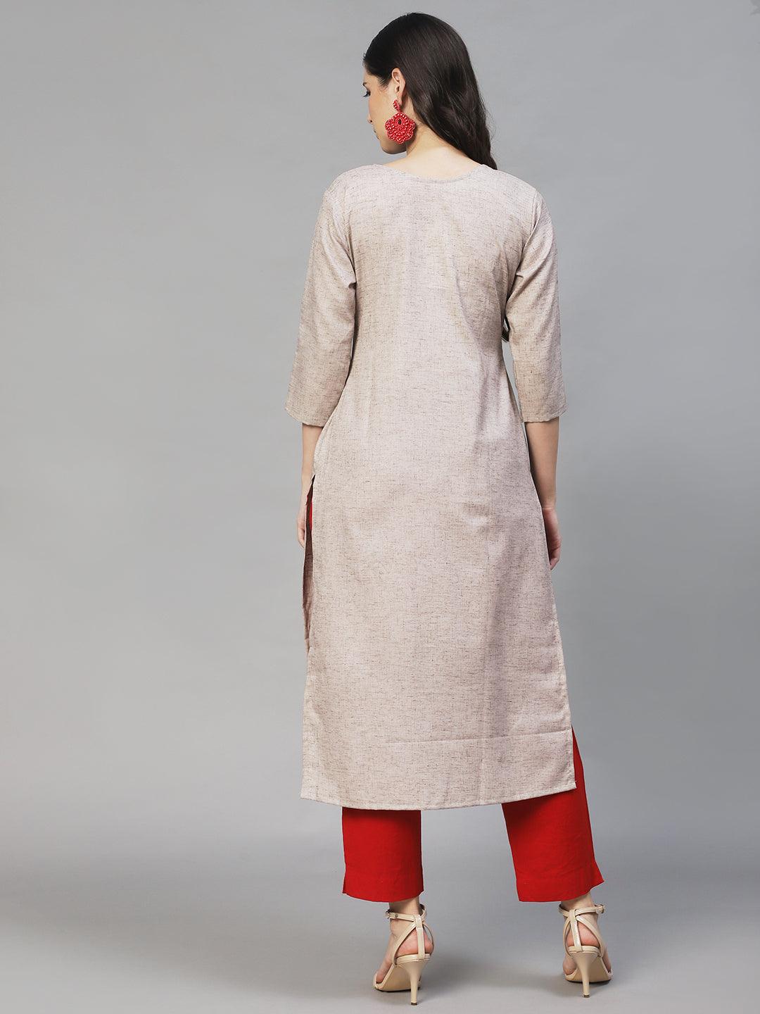 Floral Hand Embroidered Straight Fit Kurta – Beige - Indiakreations