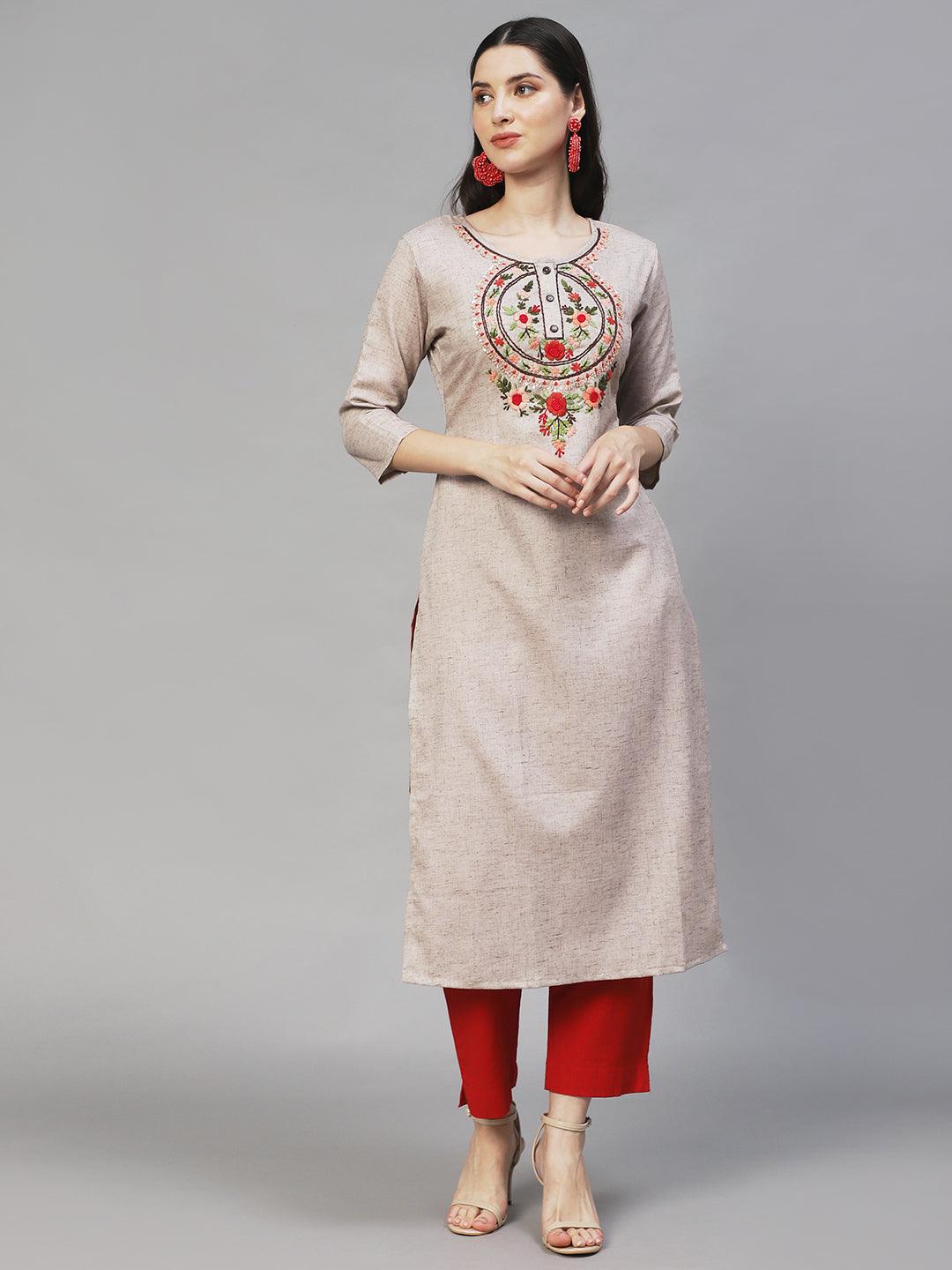 Floral Hand Embroidered Straight Fit Kurta – Beige - Indiakreations