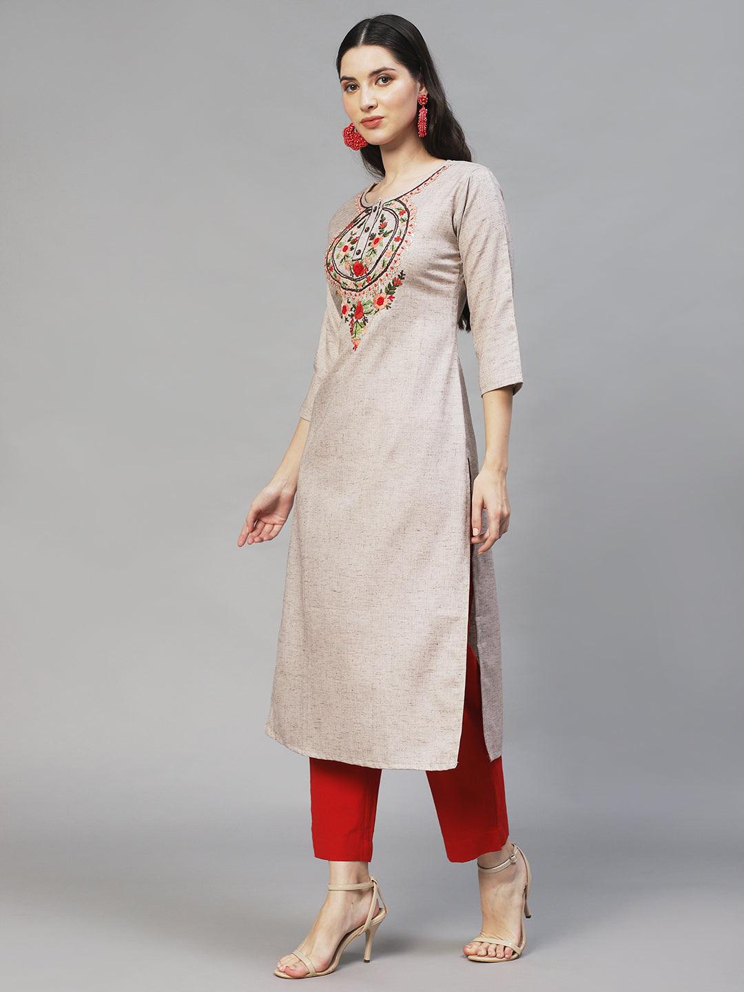 Floral Hand Embroidered Straight Fit Kurta – Beige - Indiakreations