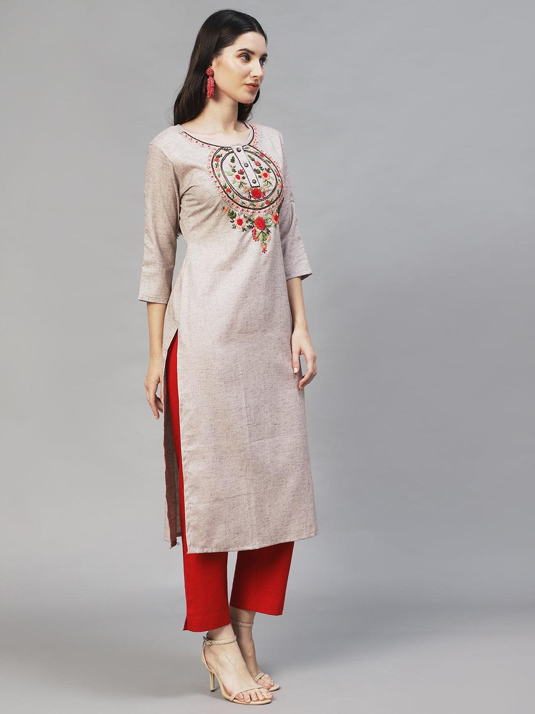 Floral Hand Embroidered Straight Fit Kurta – Beige - Indiakreations