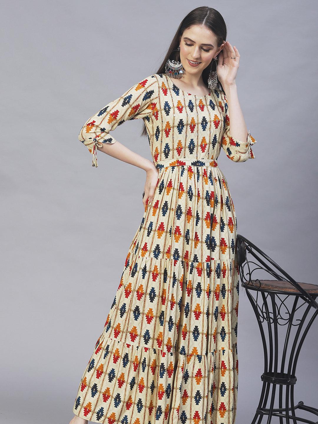 Ethnic Printed & Embroidered Maxi Flared Dress - Sage Green - Indiakreations