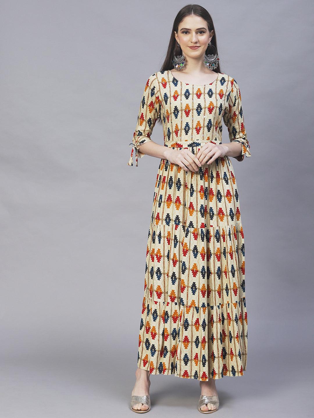 Ethnic Printed & Embroidered Maxi Flared Dress - Sage Green - Indiakreations