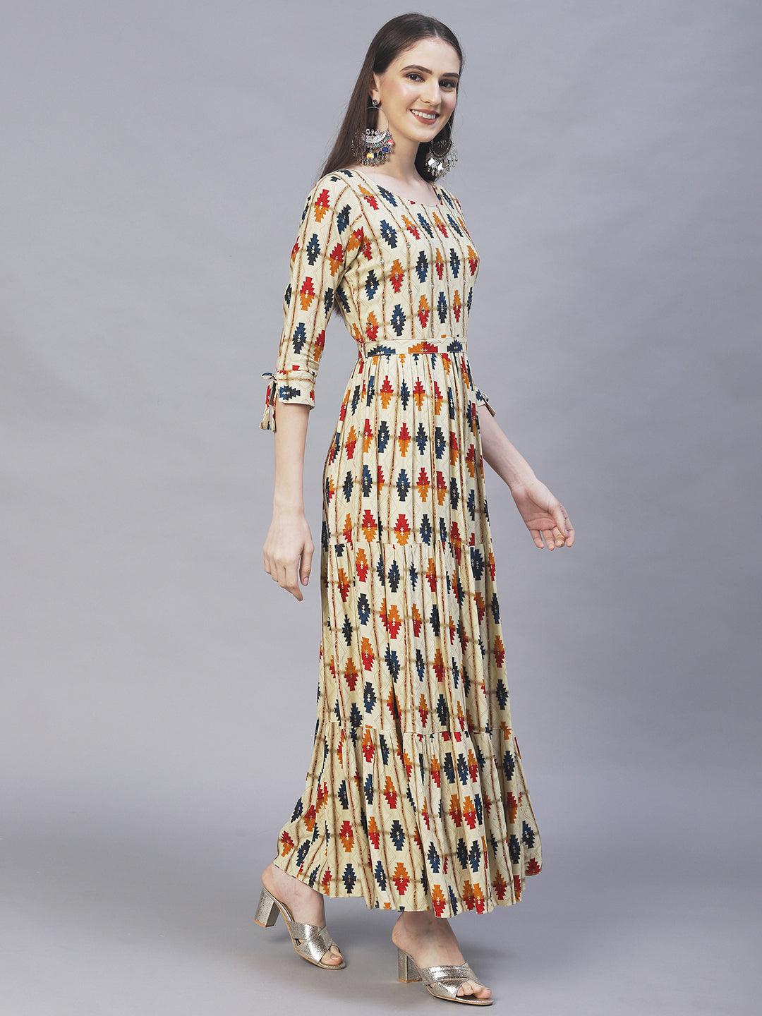 Ethnic Printed & Embroidered Maxi Flared Dress - Sage Green - Indiakreations