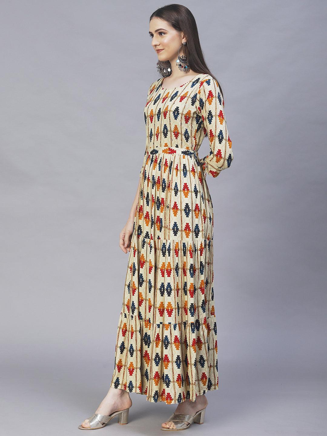 Ethnic Printed & Embroidered Maxi Flared Dress - Sage Green - Indiakreations