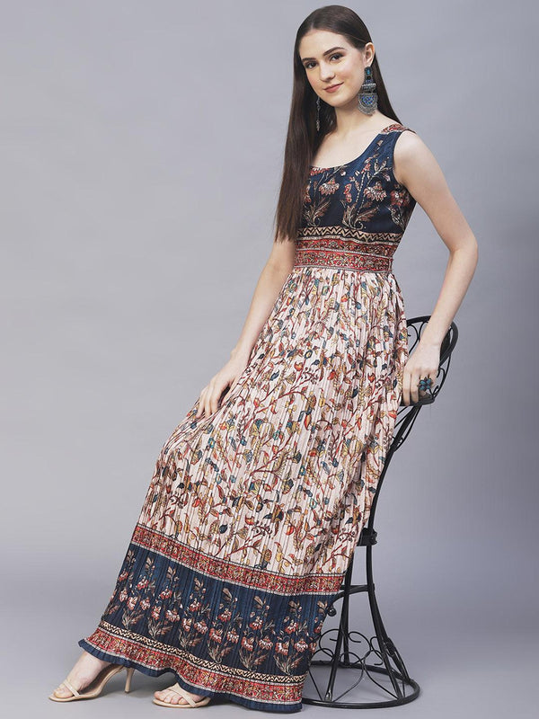 Ethnic & Floral Printed & Hand Embroidered Maxi Flared Dress & Belt - Cream - Indiakreations