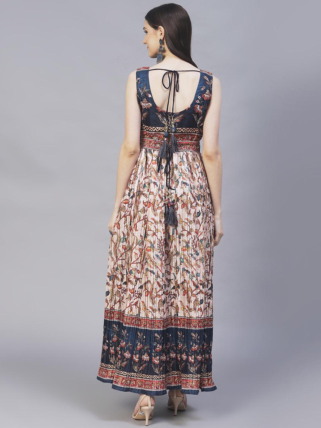 Ethnic & Floral Printed & Hand Embroidered Maxi Flared Dress & Belt - Cream - Indiakreations