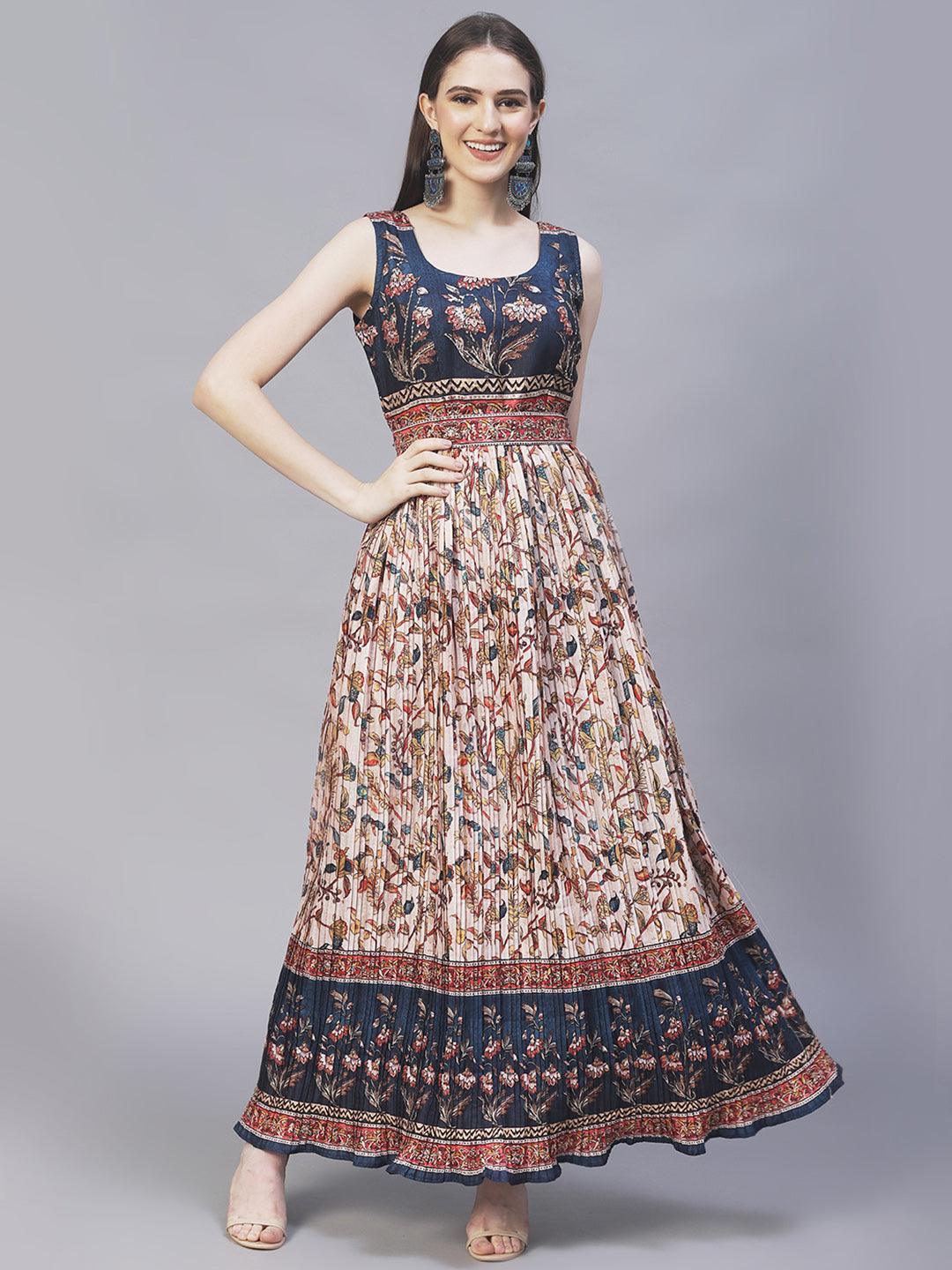 Ethnic & Floral Printed & Hand Embroidered Maxi Flared Dress & Belt - Cream - Indiakreations