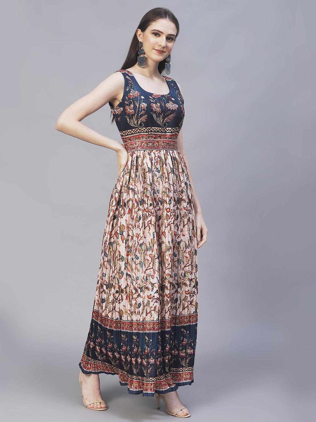 Ethnic & Floral Printed & Hand Embroidered Maxi Flared Dress & Belt - Cream - Indiakreations