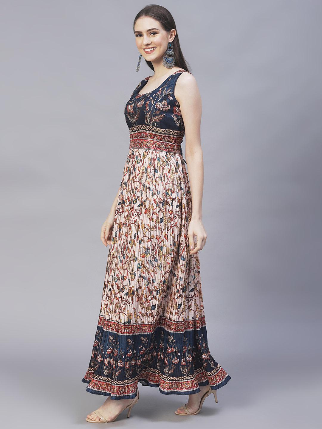 Ethnic & Floral Printed & Hand Embroidered Maxi Flared Dress & Belt - Cream - Indiakreations