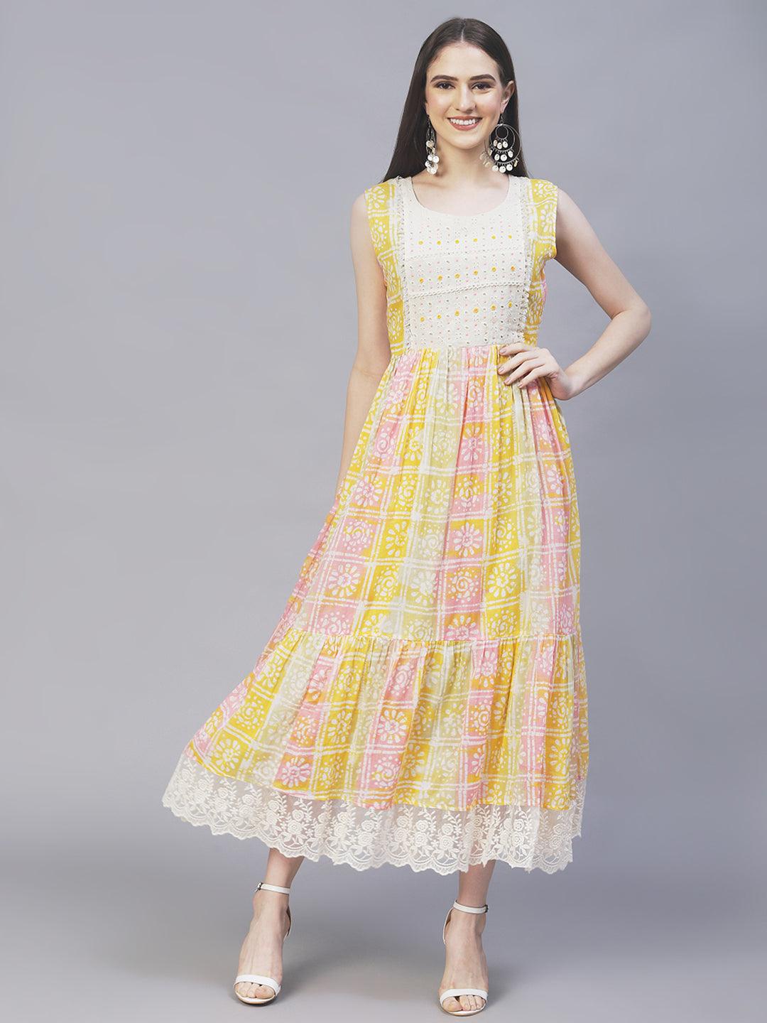 Ethnic Printed & Hand Embroidered A-Line Flare Maxi Dress - Multi - Indiakreations