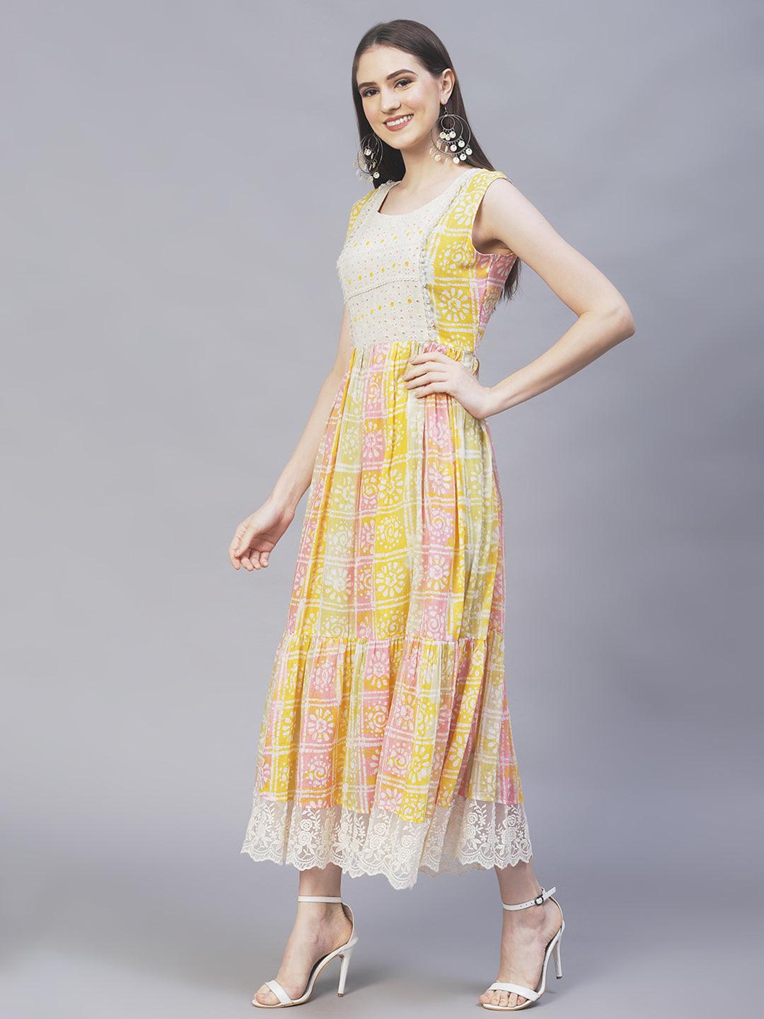 Ethnic Printed & Hand Embroidered A-Line Flare Maxi Dress - Multi - Indiakreations