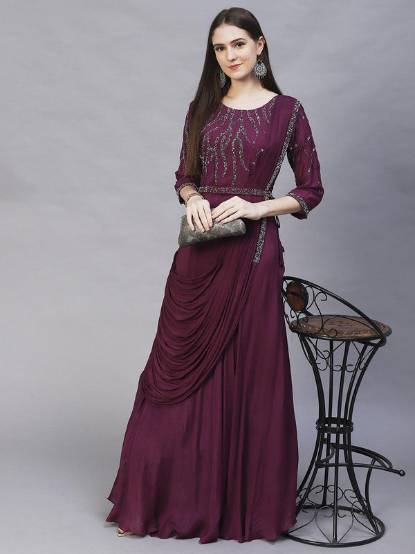 Ethnic Hand Embroidered Maxi Flared Dress with Belt - Deep Purple - Indiakreations