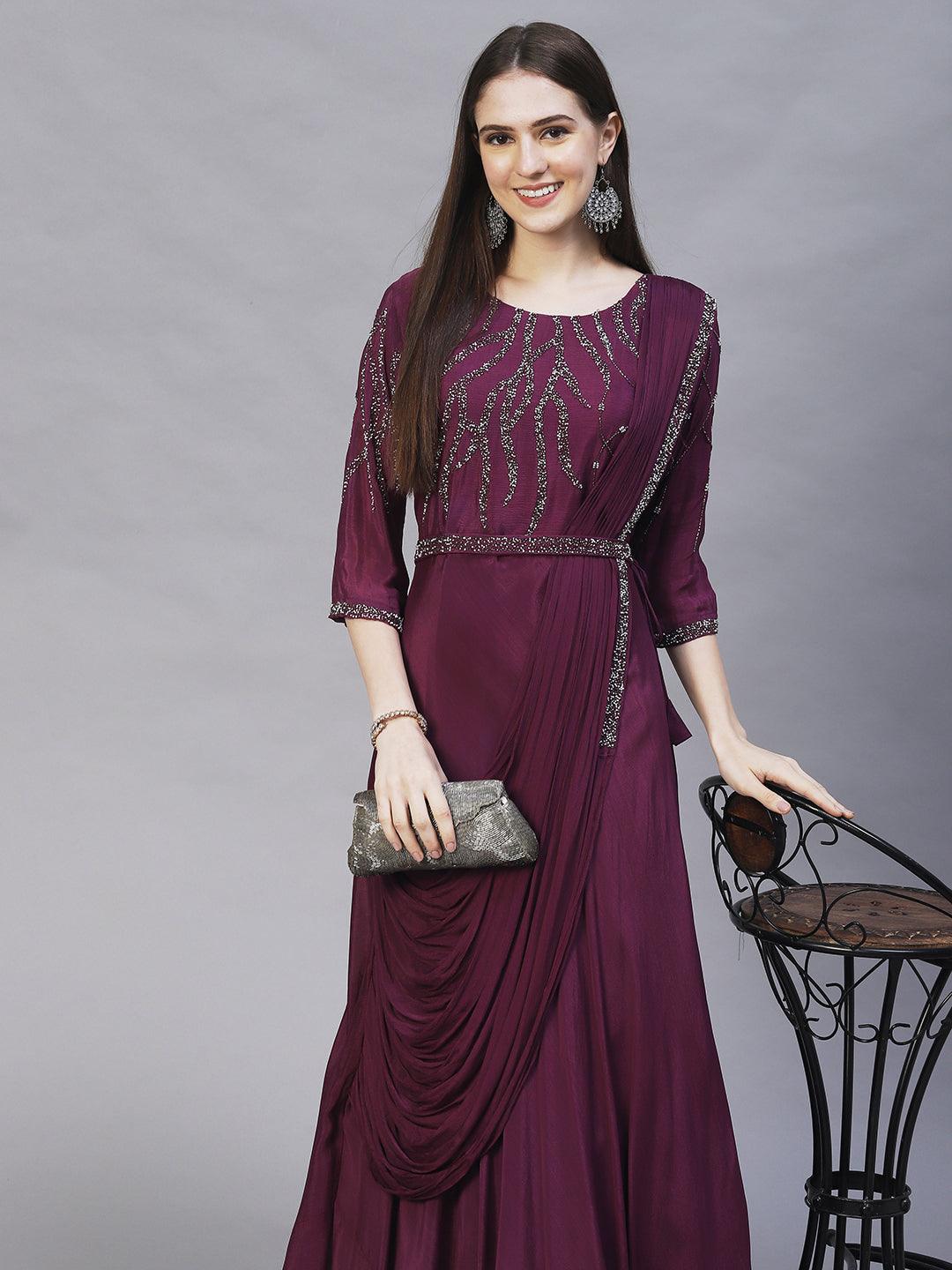 Ethnic Hand Embroidered Maxi Flared Dress with Belt - Deep Purple - Indiakreations