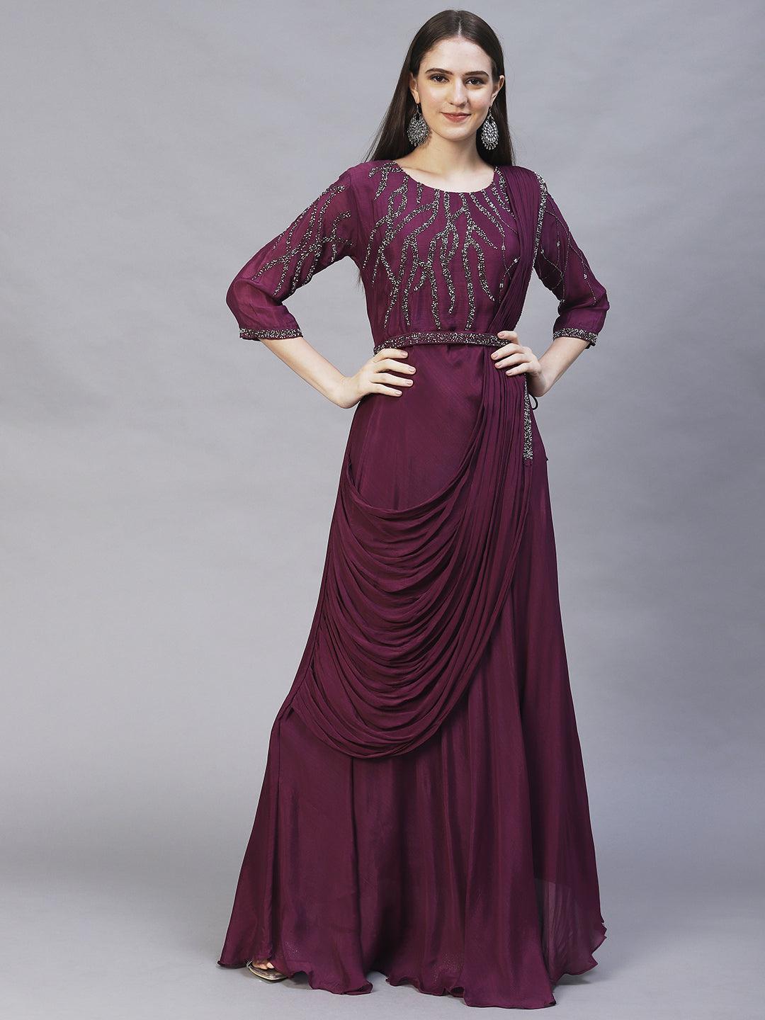 Ethnic Hand Embroidered Maxi Flared Dress with Belt - Deep Purple - Indiakreations