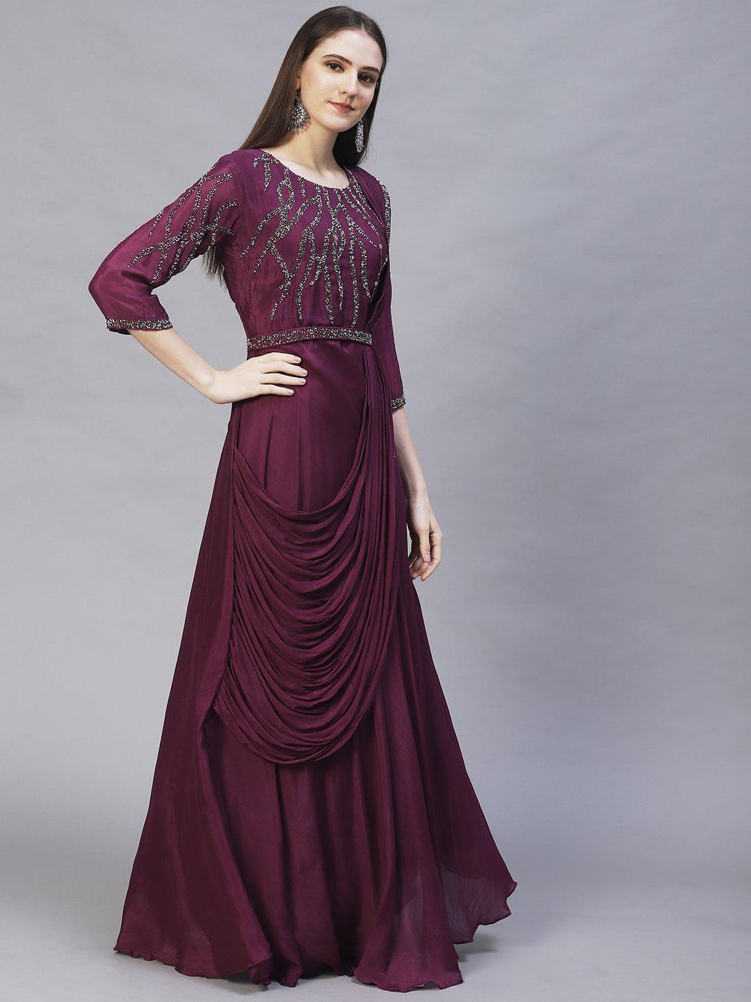 Ethnic Hand Embroidered Maxi Flared Dress with Belt - Deep Purple - Indiakreations