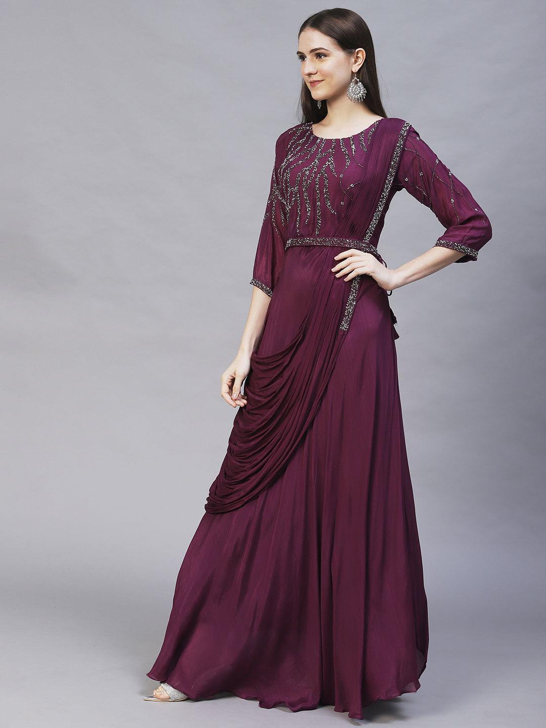 Ethnic Hand Embroidered Maxi Flared Dress with Belt - Deep Purple - Indiakreations