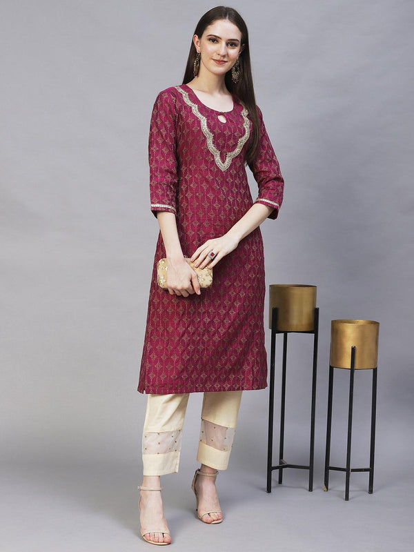 Ethnic Woven & Embroidered Straight Fit Kurta – Magenta - Indiakreations