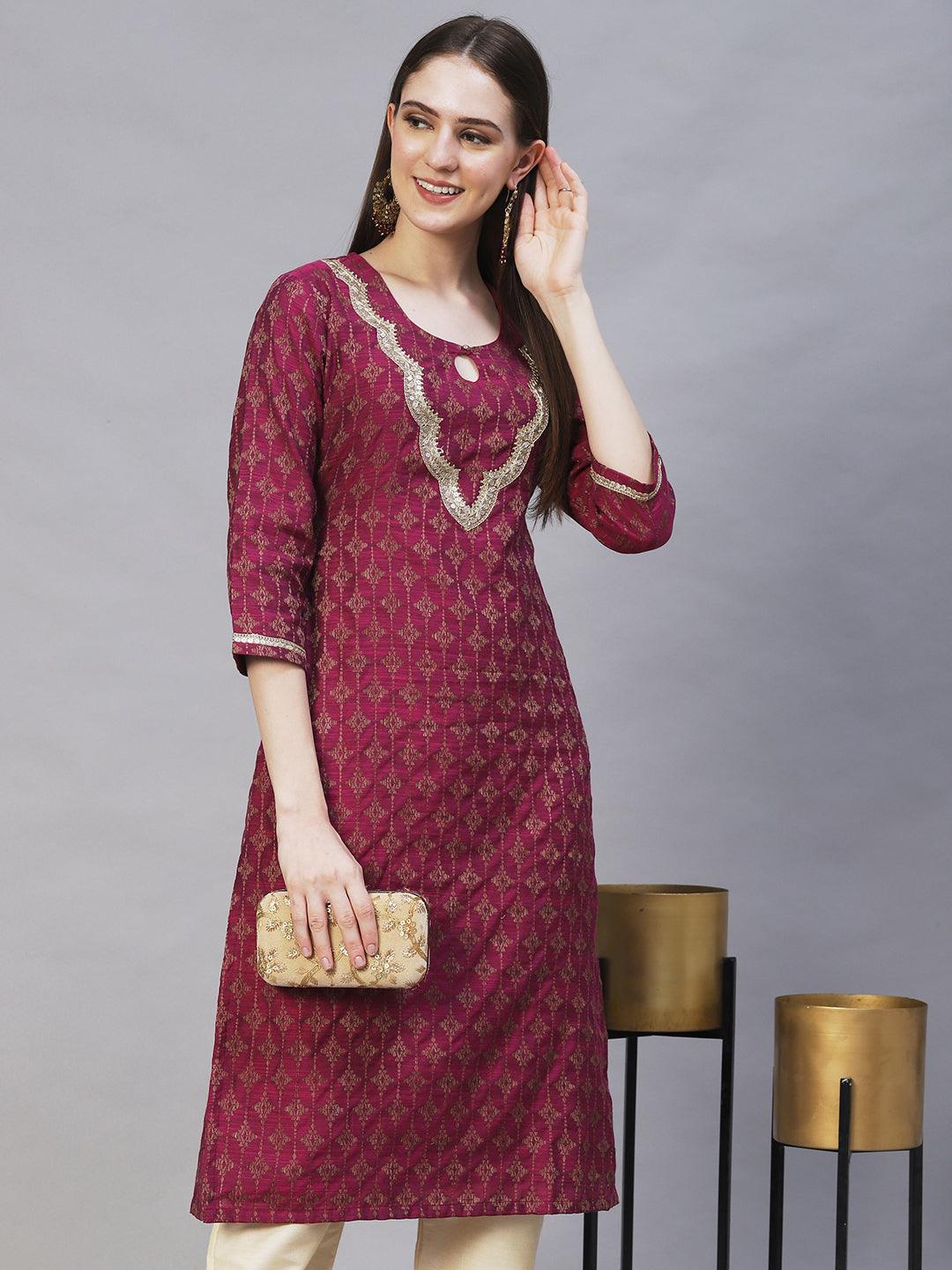 Ethnic Woven & Embroidered Straight Fit Kurta – Magenta - Indiakreations