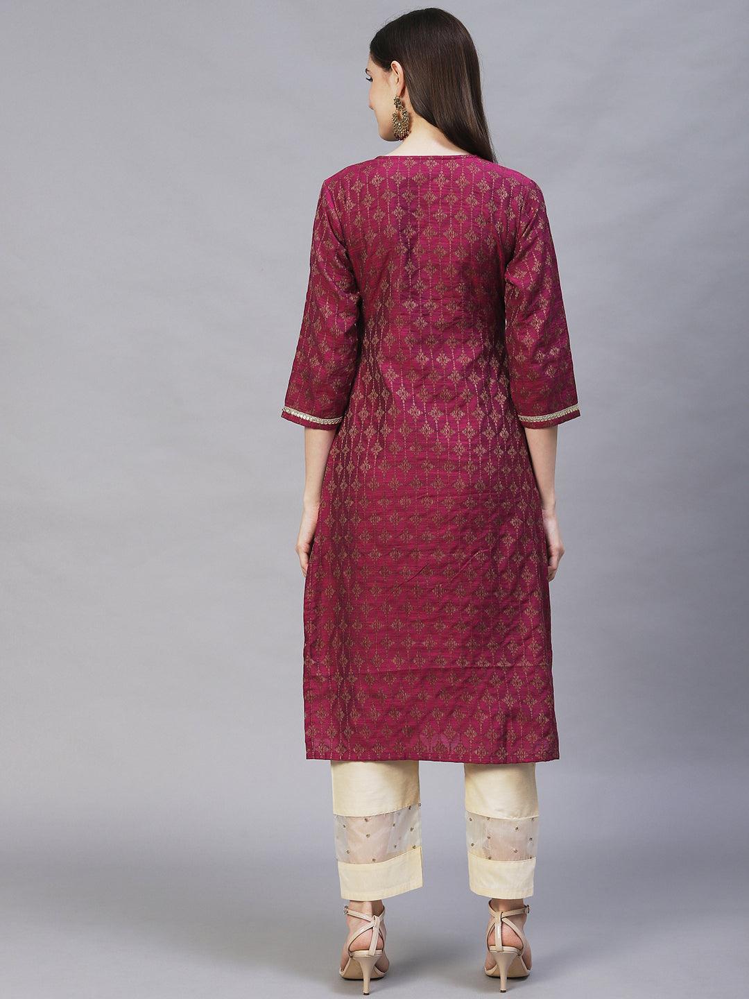 Ethnic Woven & Embroidered Straight Fit Kurta – Magenta - Indiakreations