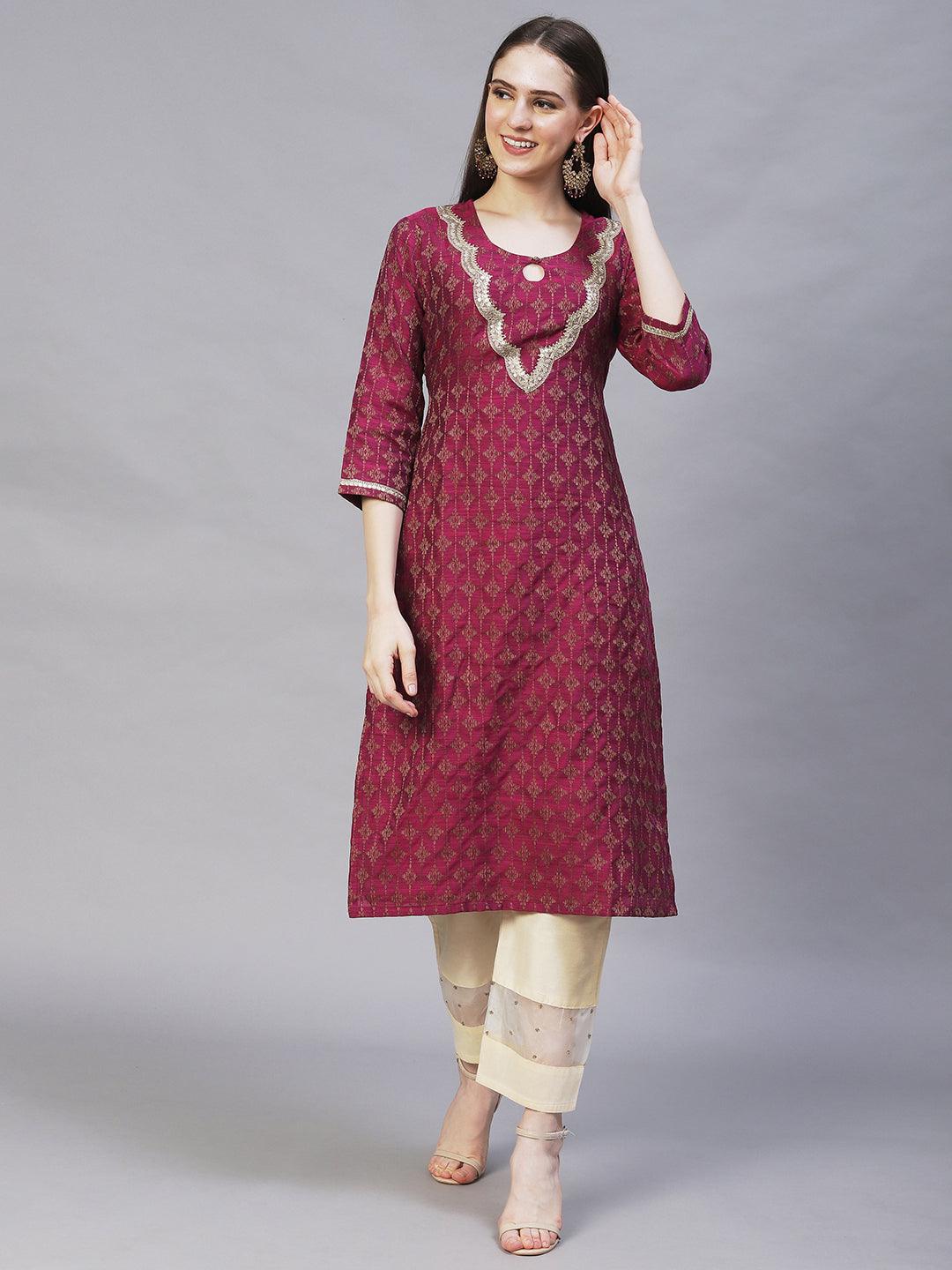 Ethnic Woven & Embroidered Straight Fit Kurta – Magenta - Indiakreations