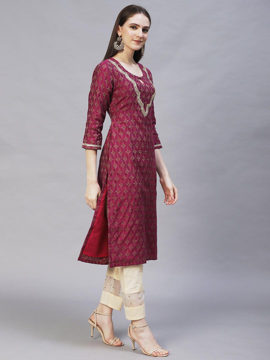 Ethnic Woven & Embroidered Straight Fit Kurta – Magenta - Indiakreations