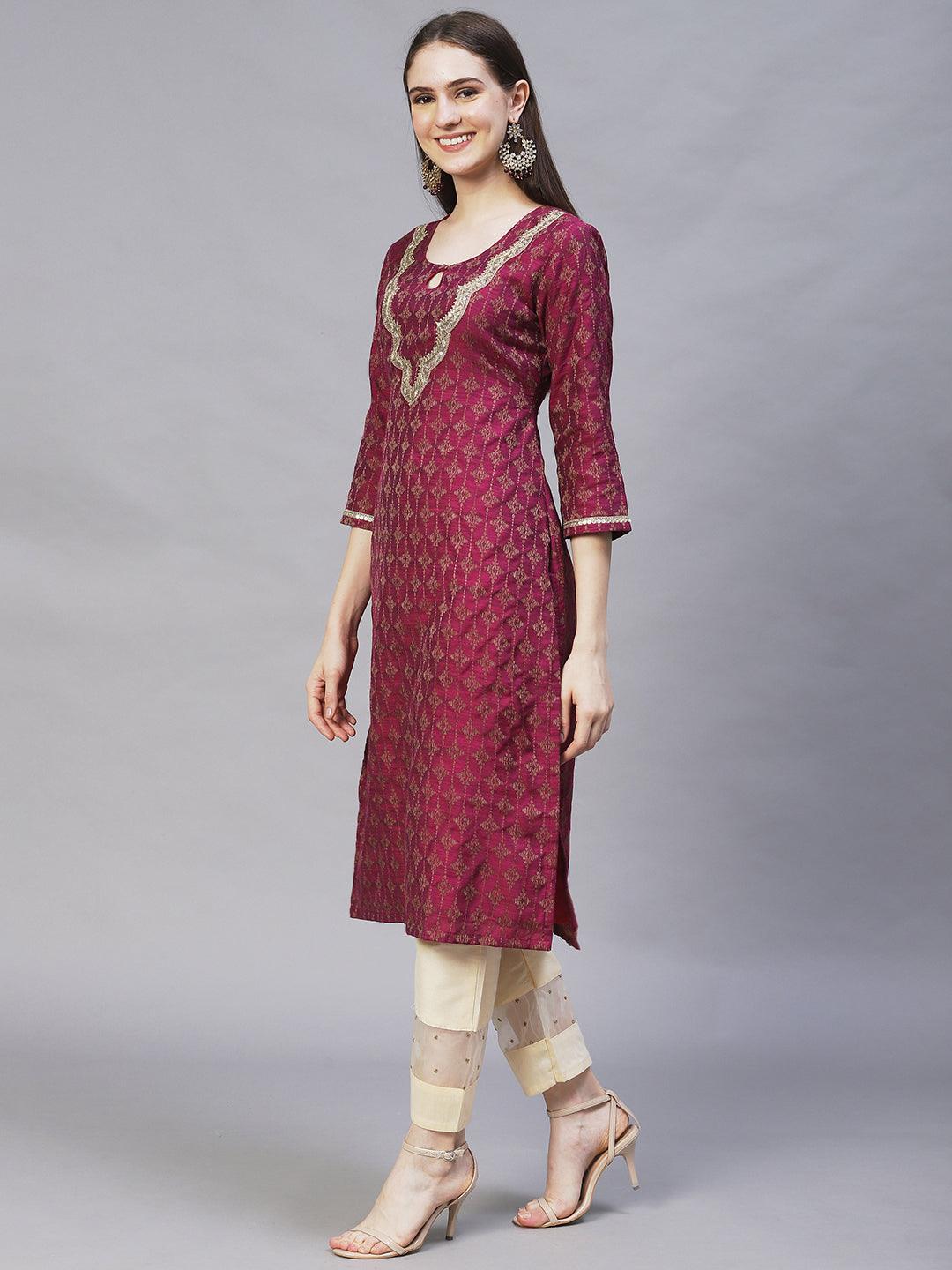 Ethnic Woven & Embroidered Straight Fit Kurta – Magenta - Indiakreations