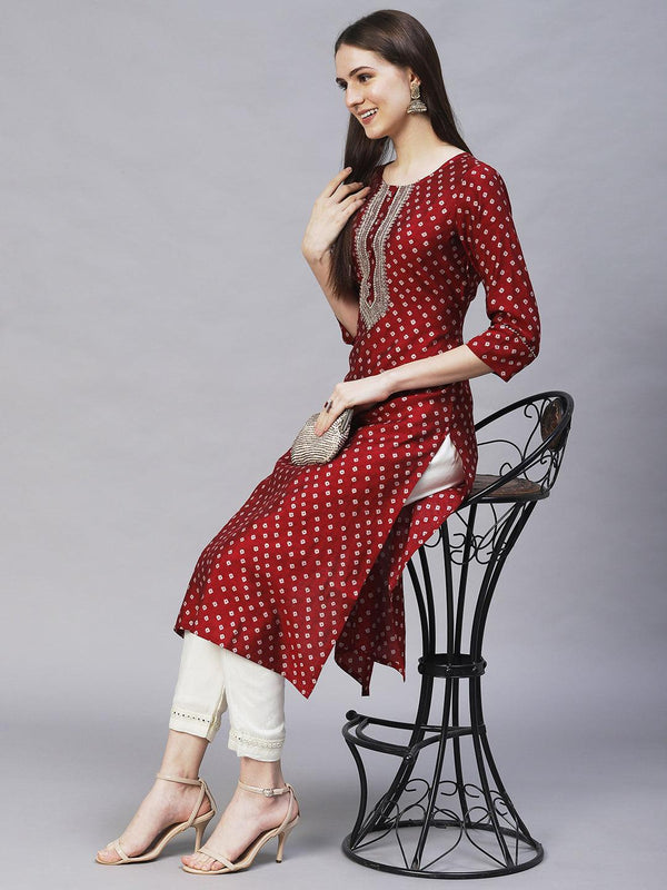 Bandhani Printed & Embroidered Straight Fit Kurta – Maroon - Indiakreations