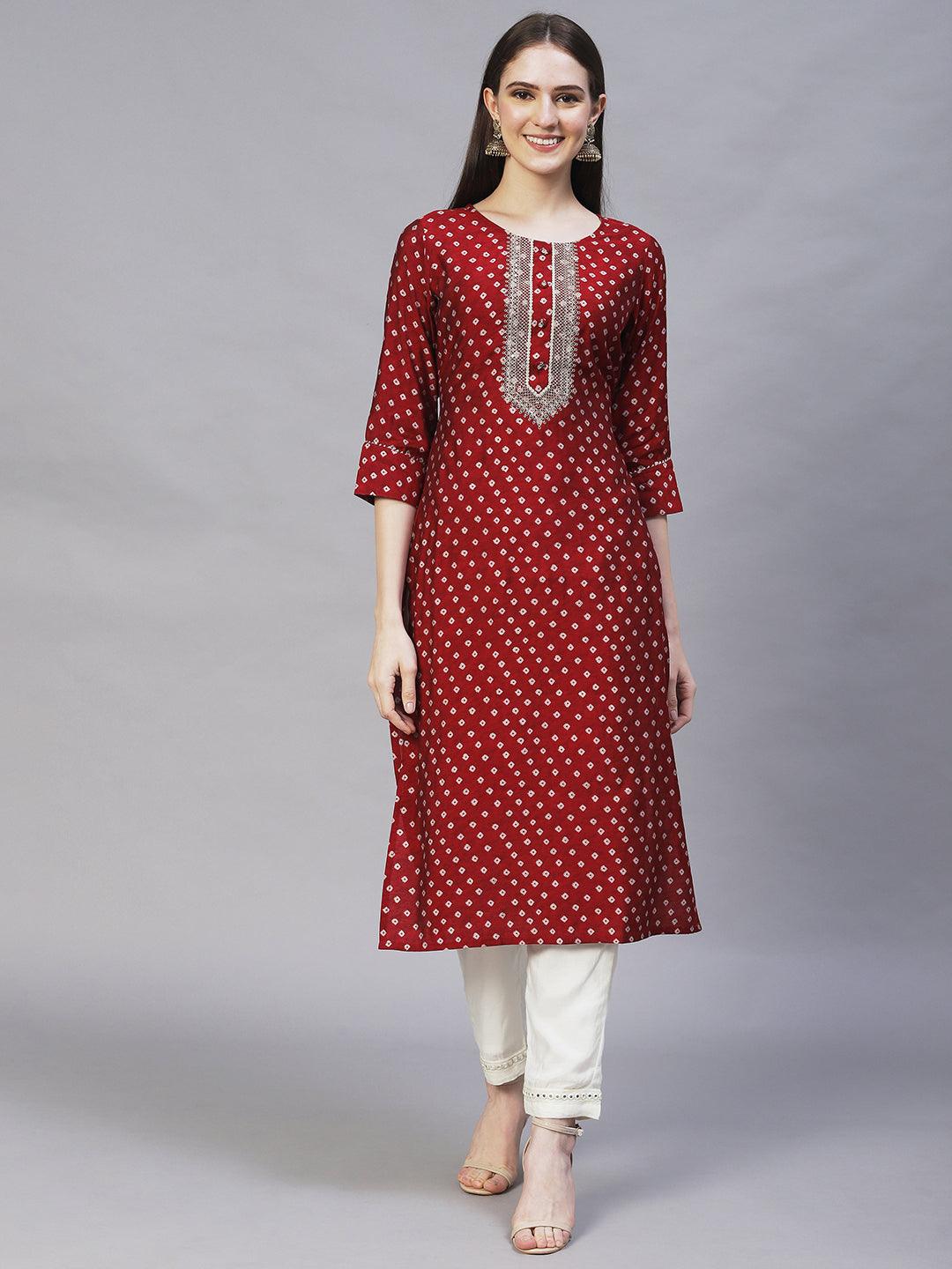 Bandhani Printed & Embroidered Straight Fit Kurta – Maroon - Indiakreations