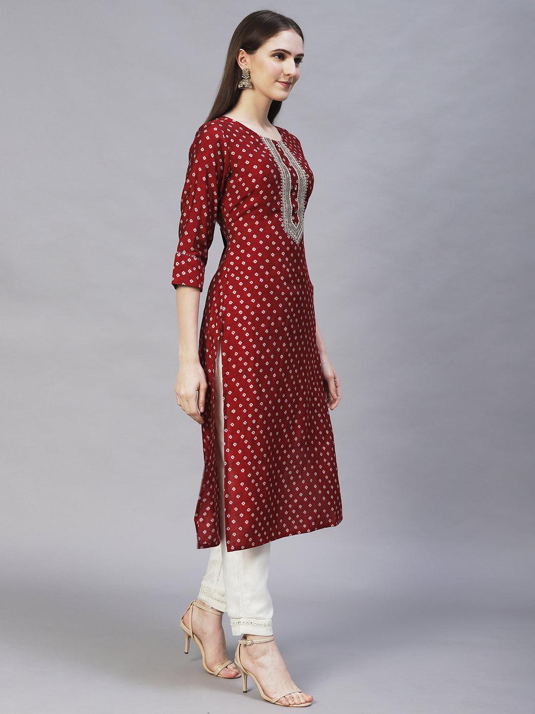 Bandhani Printed & Embroidered Straight Fit Kurta – Maroon - Indiakreations