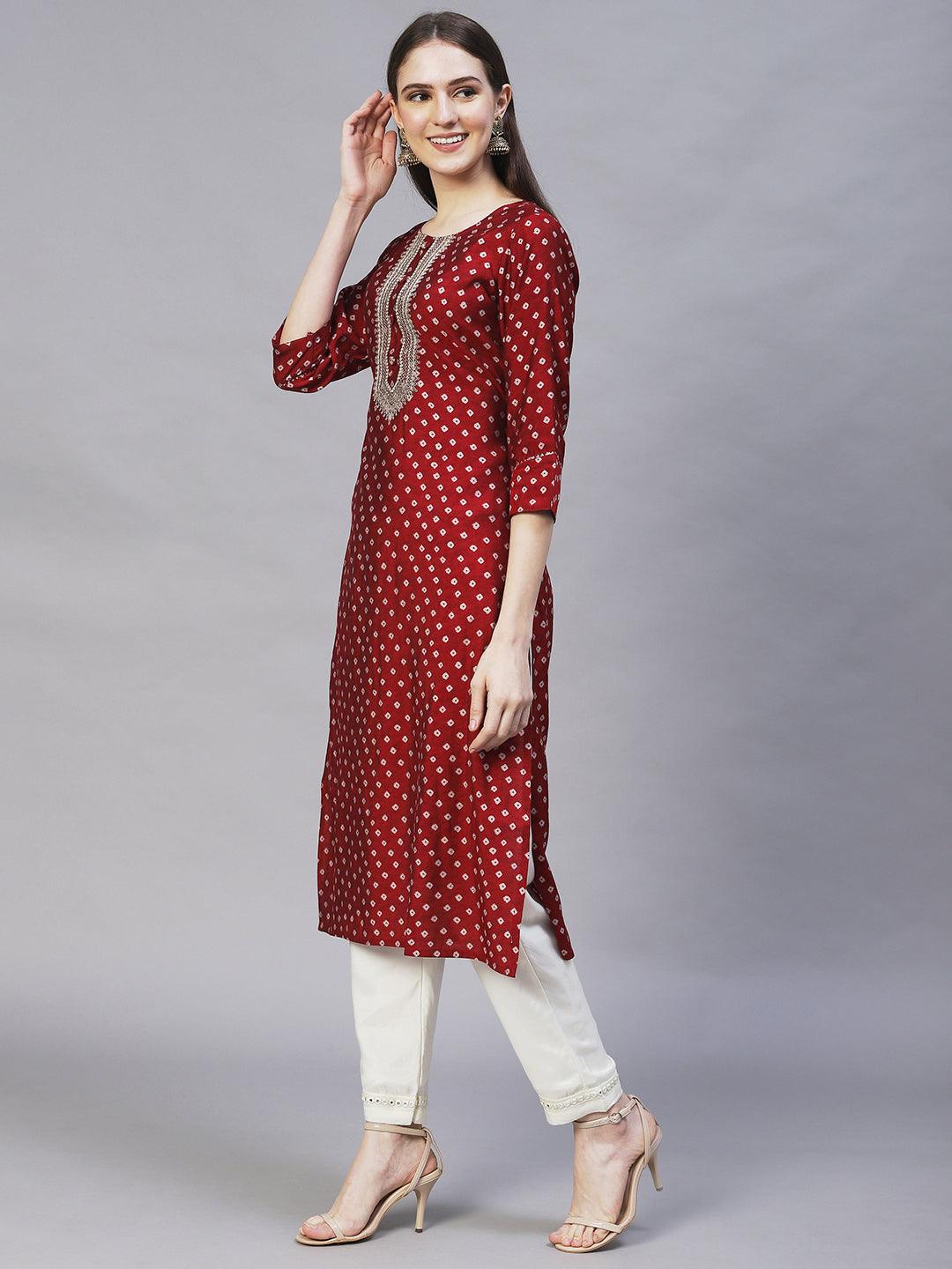 Bandhani Printed & Embroidered Straight Fit Kurta – Maroon - Indiakreations