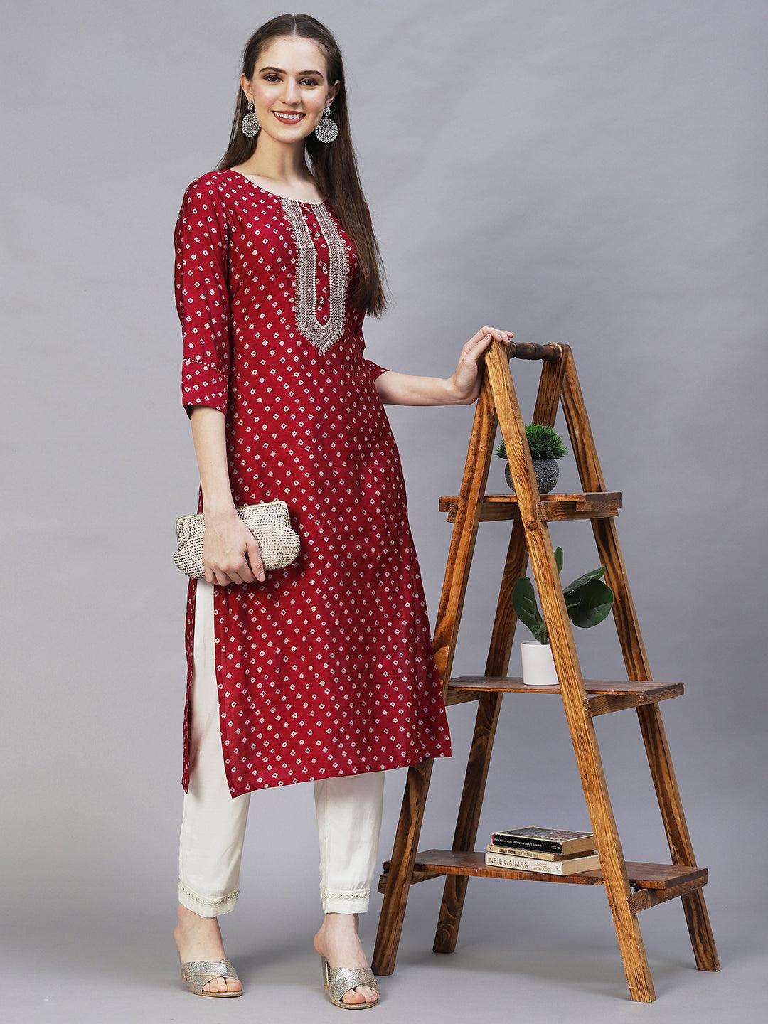 Bandhani Printed & Embroidered Straight Fit Kurta – Magenta - Indiakreations