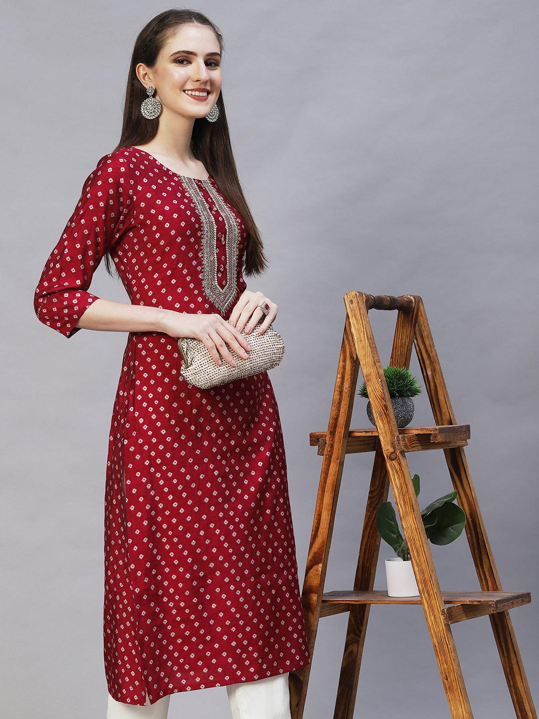 Bandhani Printed & Embroidered Straight Fit Kurta – Magenta - Indiakreations