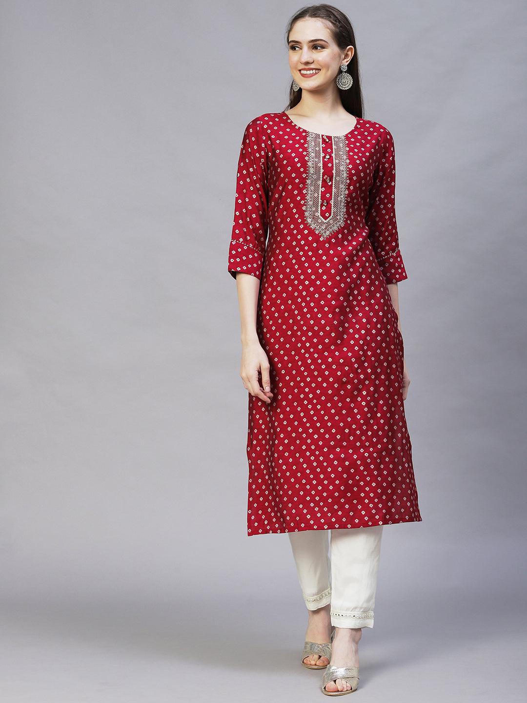 Bandhani Printed & Embroidered Straight Fit Kurta – Magenta - Indiakreations