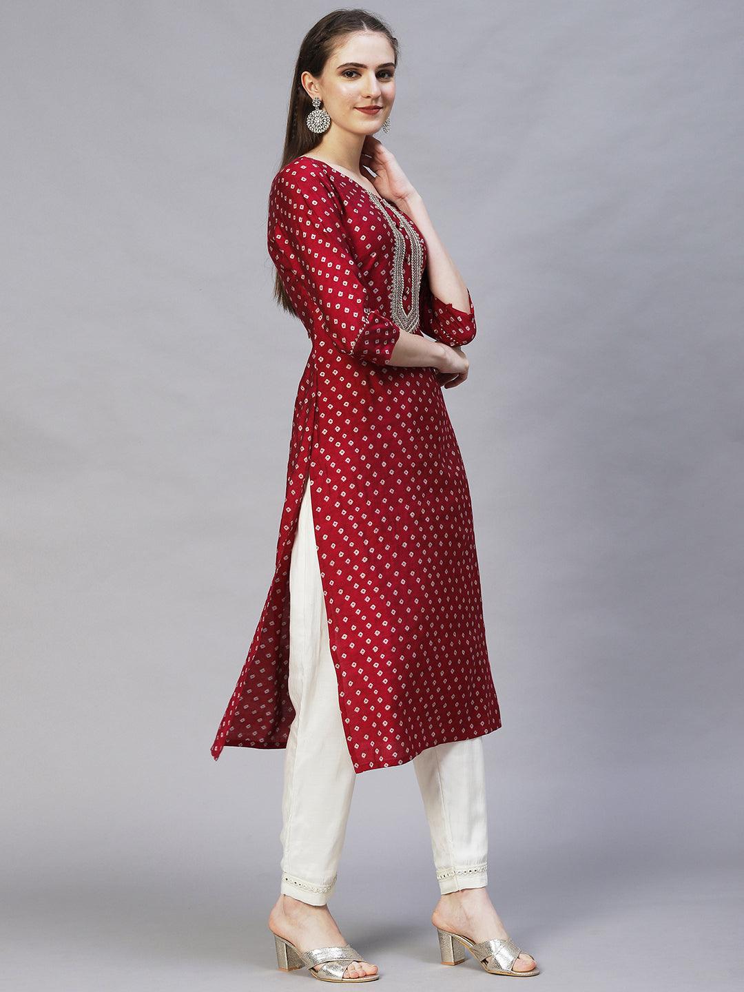 Bandhani Printed & Embroidered Straight Fit Kurta – Magenta - Indiakreations