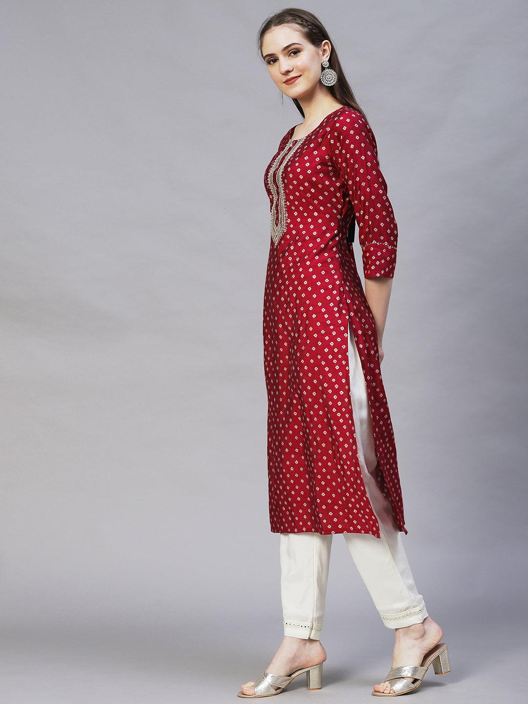 Bandhani Printed & Embroidered Straight Fit Kurta – Magenta - Indiakreations