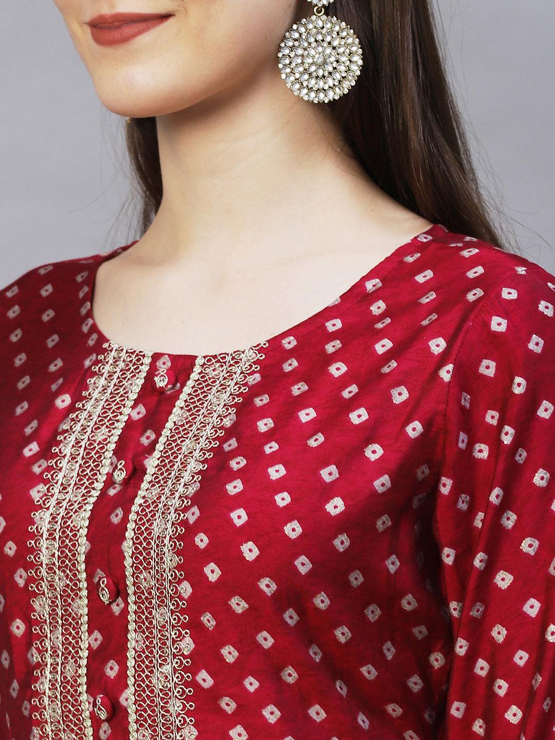 Bandhani Printed & Embroidered Straight Fit Kurta – Magenta - Indiakreations