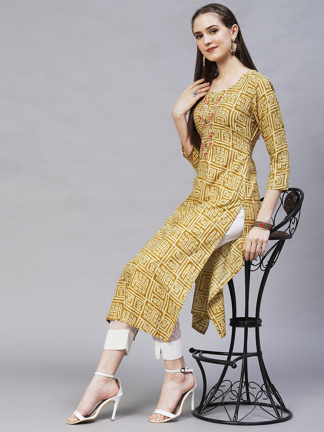 Ethnic Printed & Hand Embroidered Straight Fit Kurta – Mustard - Indiakreations