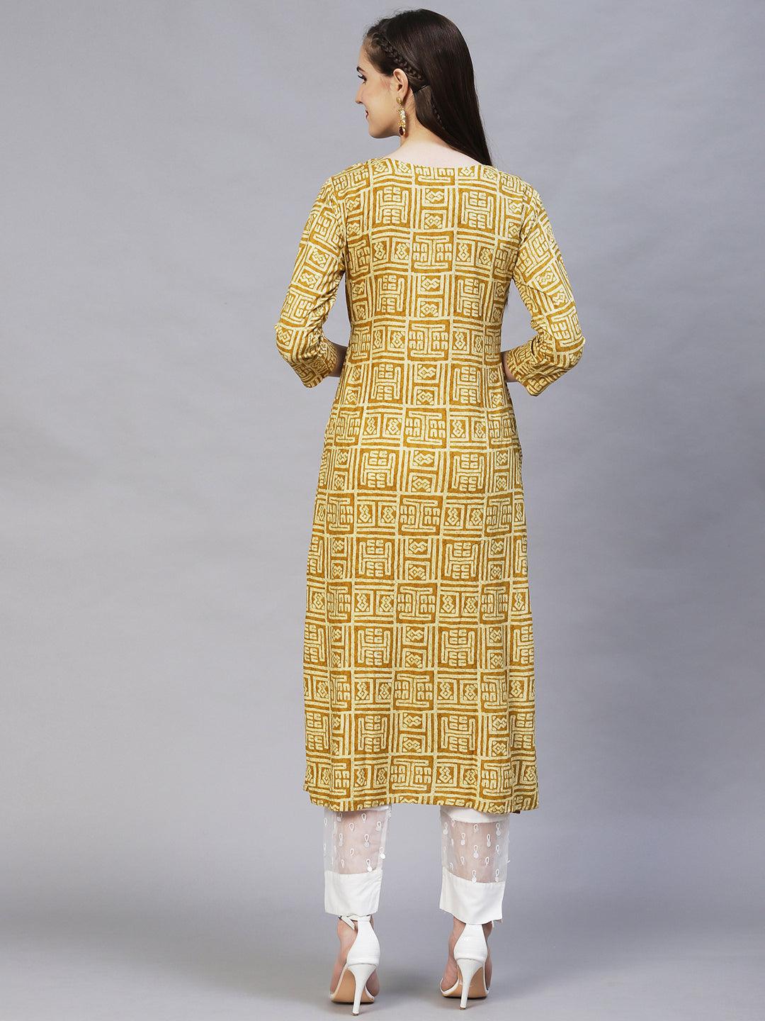 Ethnic Printed & Hand Embroidered Straight Fit Kurta – Mustard - Indiakreations