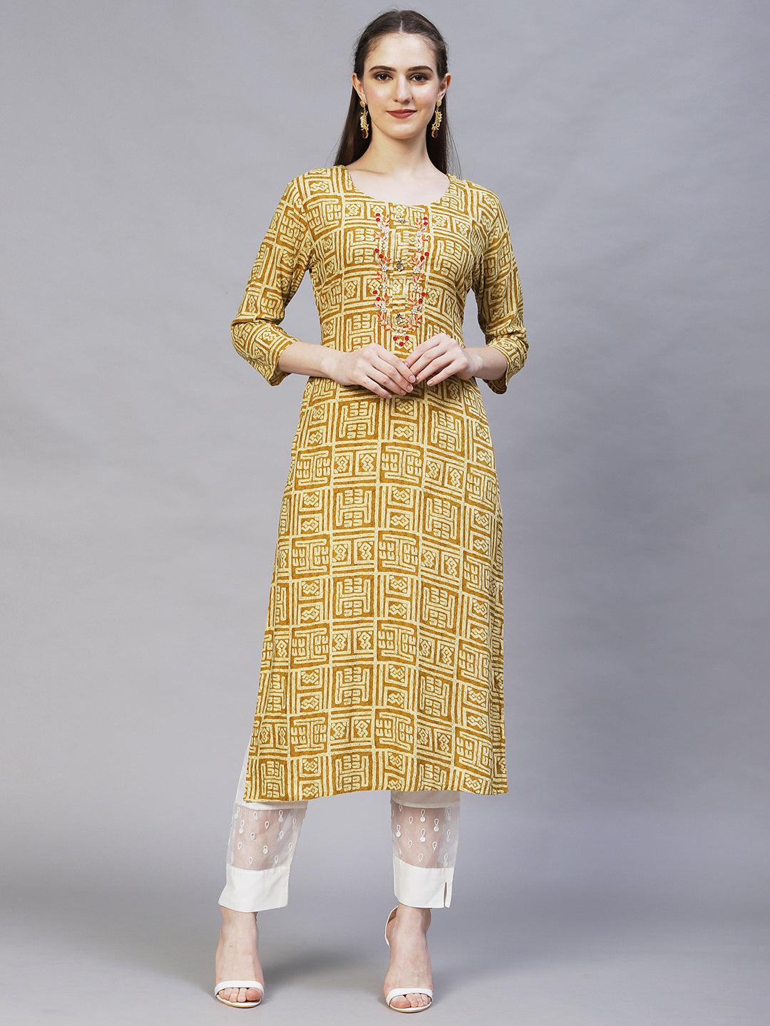 Ethnic Printed & Hand Embroidered Straight Fit Kurta – Mustard - Indiakreations