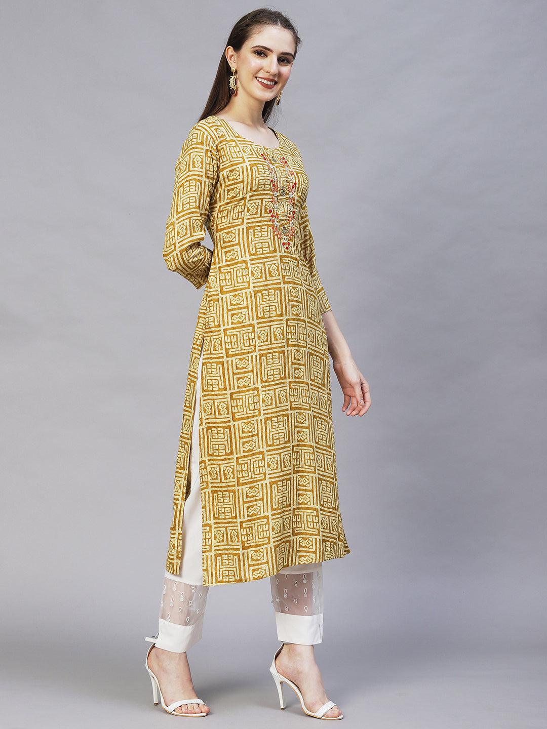 Ethnic Printed & Hand Embroidered Straight Fit Kurta – Mustard - Indiakreations