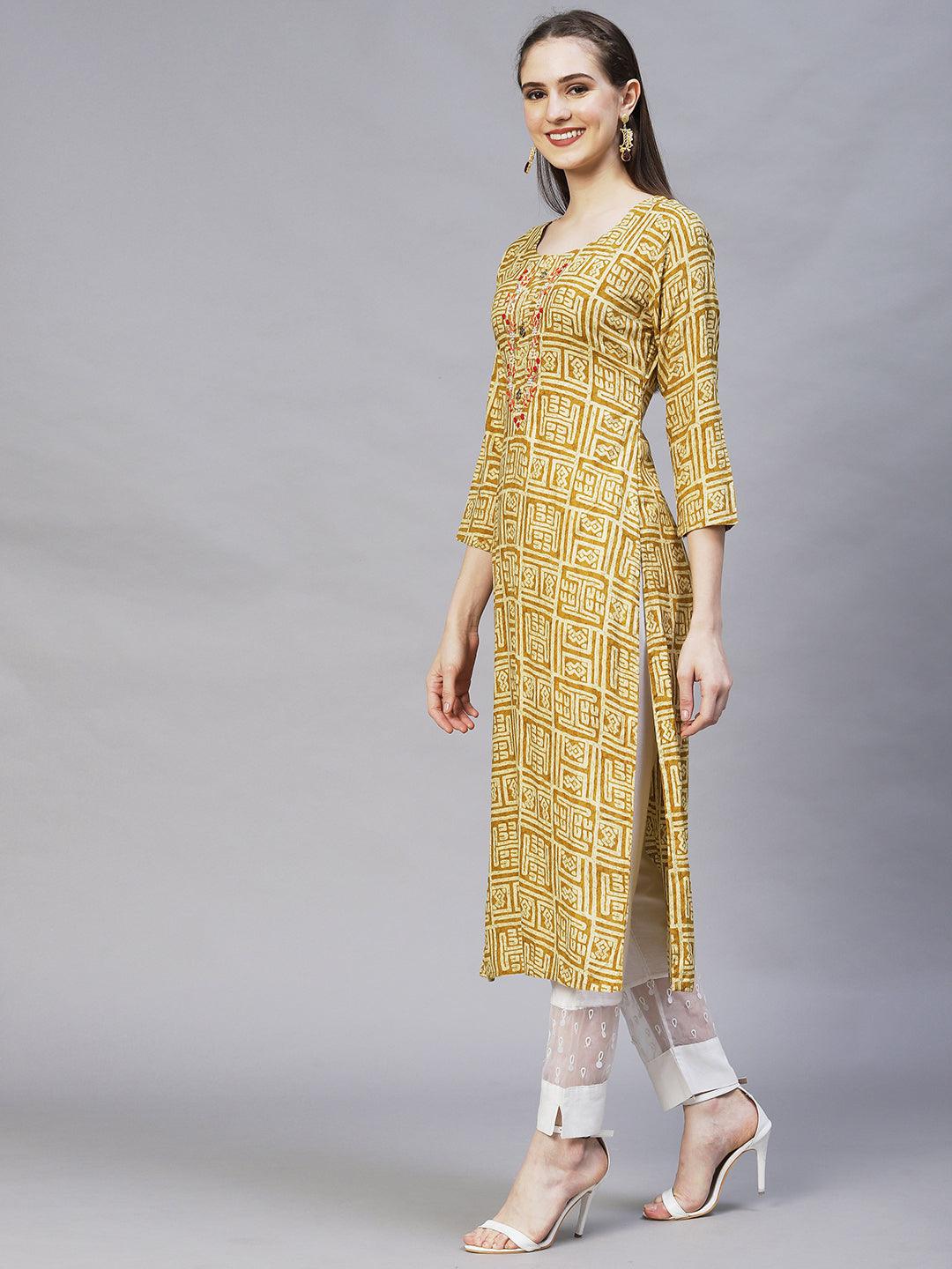 Ethnic Printed & Hand Embroidered Straight Fit Kurta – Mustard - Indiakreations