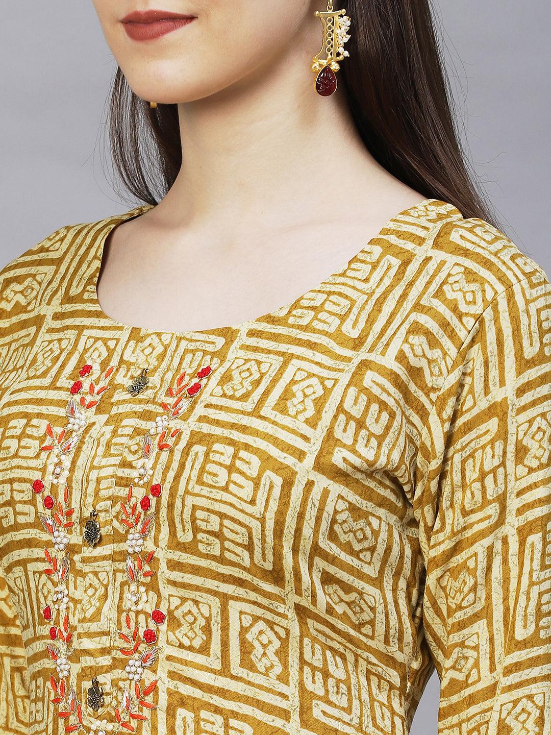 Ethnic Printed & Hand Embroidered Straight Fit Kurta – Mustard - Indiakreations