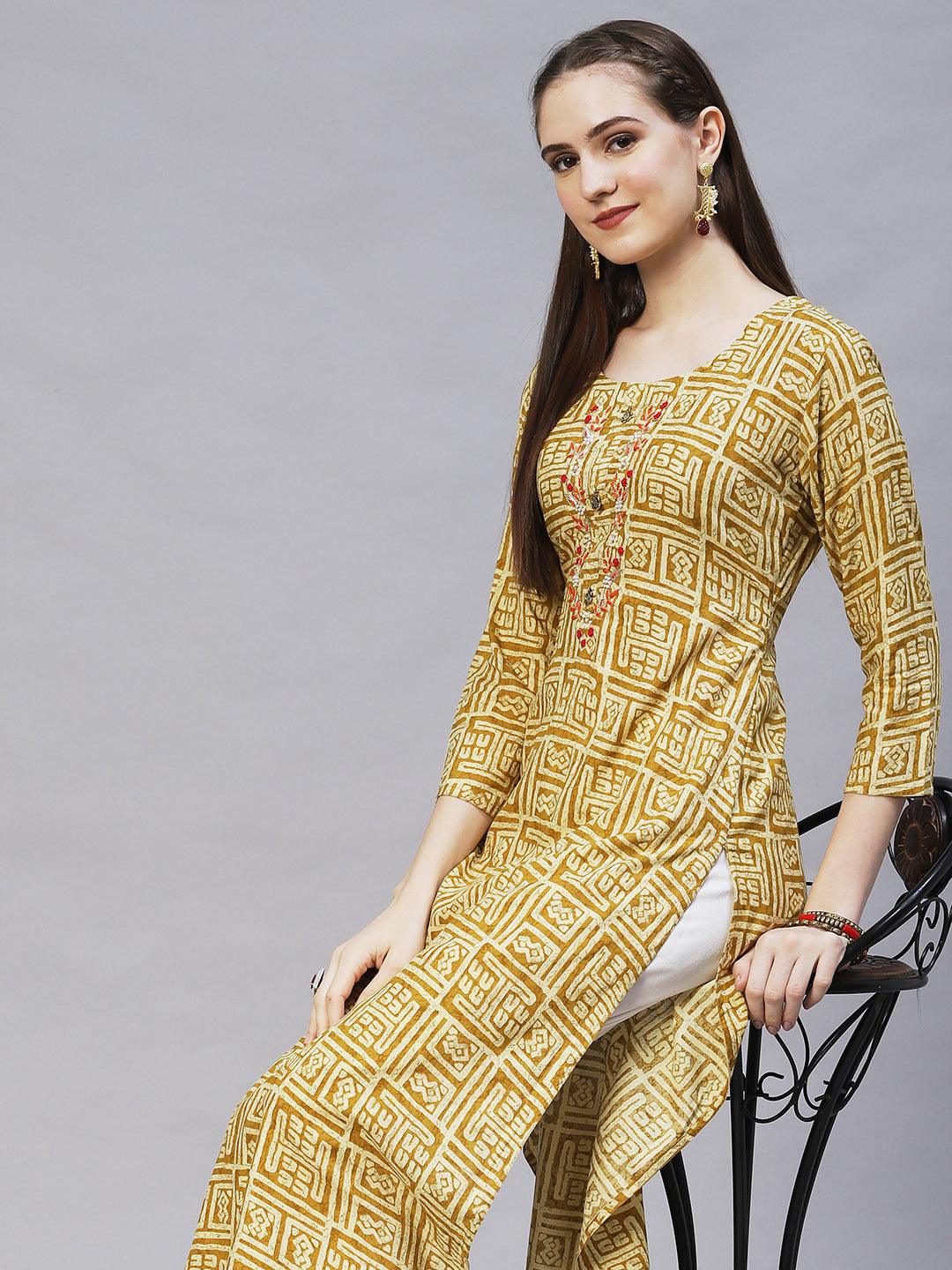 Ethnic Printed & Hand Embroidered Straight Fit Kurta – Mustard - Indiakreations