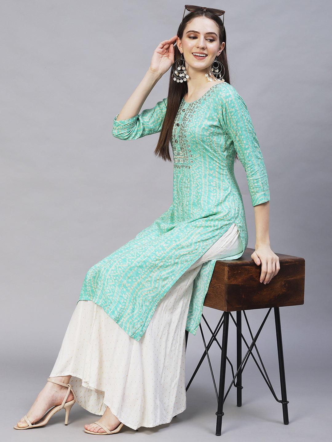 Bandhani Printed & Embroidered Straight Fit Kurta – Mint Green - Indiakreations