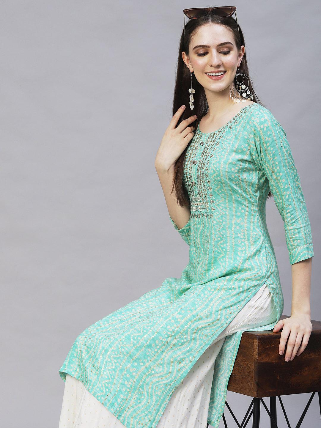 Bandhani Printed & Embroidered Straight Fit Kurta – Mint Green - Indiakreations