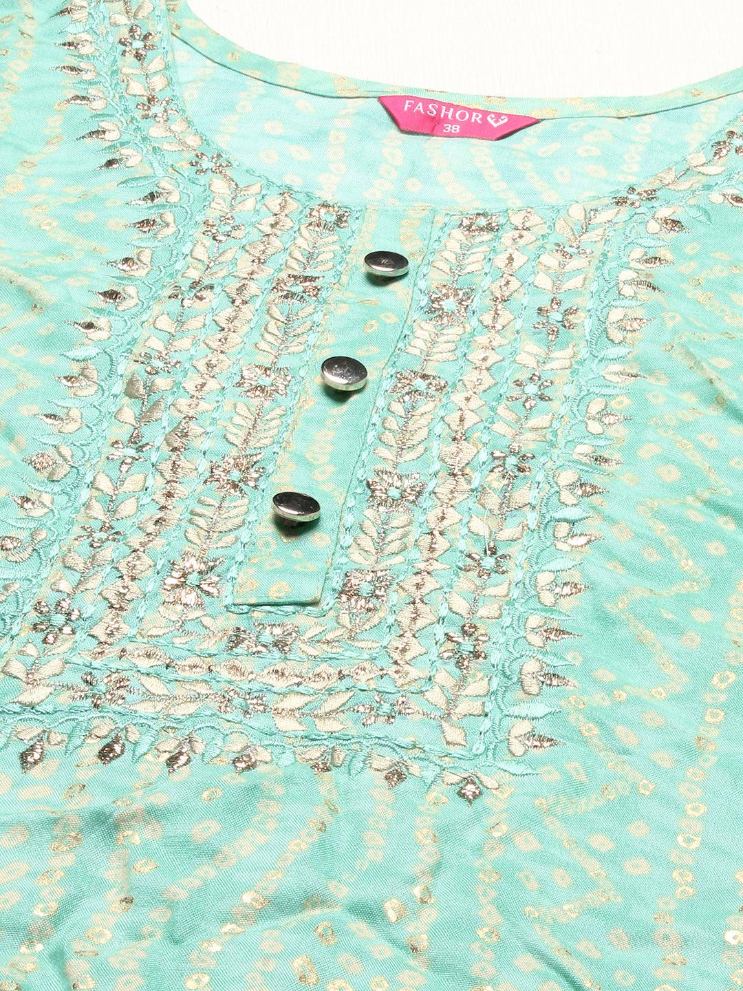 Bandhani Printed & Embroidered Straight Fit Kurta – Mint Green - Indiakreations